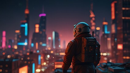 Astronaut Gazes at Futuristic Cityscape