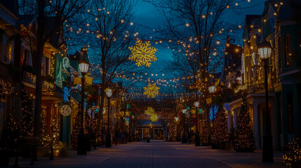 Fototapeta premium A vibrant and charming urban village glows with festive Christmas lights
