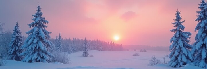 Obraz premium Tranquil snowy landscape with frosted trees and a soft pink sunrise, evoking peace and serenity