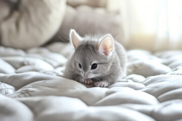 Baby mouse is sitting on a white blanket. The mouse is small and cute