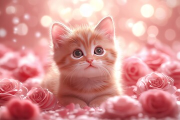 Cute Adorable Baby Cats with Pink and Red Hearts and Roses