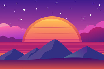 Sunset landscape with a mountain silhouette, stars beginning to appear, and a warm pink and purple gradient sky