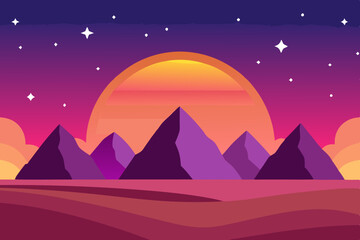 Obraz premium Sunset landscape with a mountain silhouette, stars beginning to appear, and a warm pink and purple gradient sky