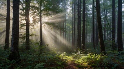 Obraz premium Sunlight beams filtering through tall trees in a quiet forest during early morning hours