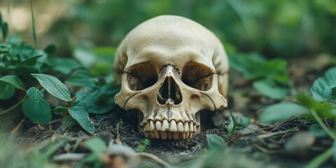 A human skull sits amongst lush green foliage, creating a dramatic and eerie scene. The skull's pale bone contrasts with the vibrant greenery.