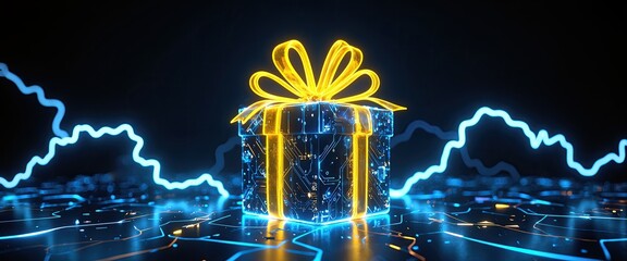 Gift box with circuit board pattern and glowing ribbon on digital futuristic background. Cyber-themed present concept for technology, holiday, and e-commerce promotions. Design for banner, poster.