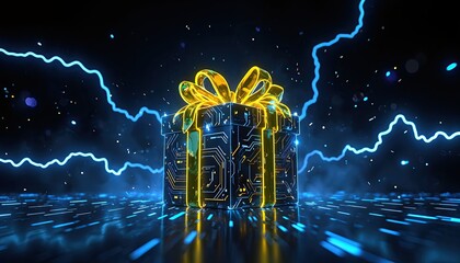 Gift box with circuit board pattern and glowing ribbon on digital futuristic background. Cyber-themed present concept for technology, holiday, and e-commerce promotions. Design for banner, poster.