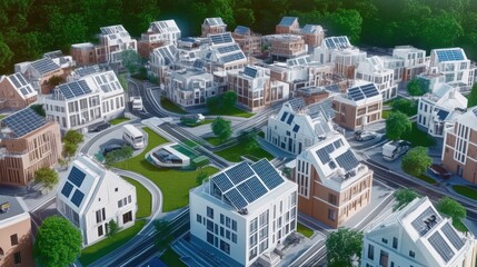 Fototapeta premium detailed 3D model of a net-zero urban environment, featuring solar panels on buildings, electric vehicles, and lush green spaces connecting city structures.