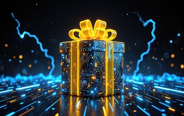 Gift box with circuit board pattern and glowing ribbon on digital futuristic background. Cyber-themed present concept for technology, holiday, and e-commerce promotions. Design for banner, poster.