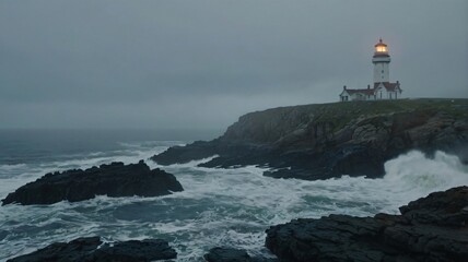 Obraz premium A lighthouse standing strong against turbulent waves along a rugged coastline during a stormy evening