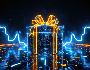 Gift box with circuit board pattern and glowing ribbon on digital futuristic background. Cyber-themed present concept for technology, holiday, and e-commerce promotions. Design for banner, poster.