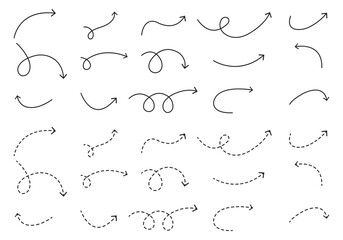 Set of curved hand drawn arrows and pointers. Vector illustration