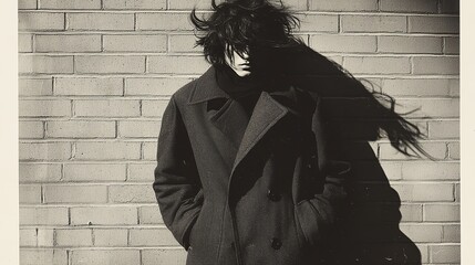 A young man with dark hair stands against a brick wall, his face hidden by his hair.
