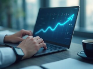 A Professional Working on a Laptop Displaying a Growing Graph in a Modern Office During the Day