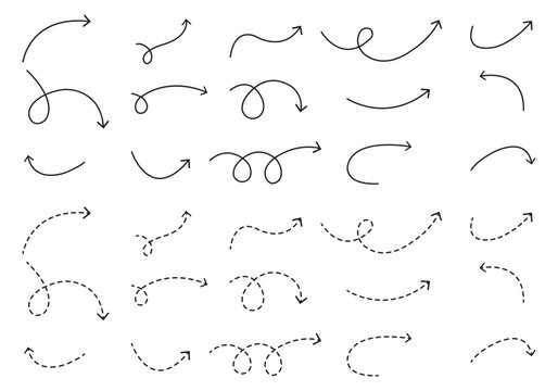 Set of curved hand drawn arrows and pointers. Vector illustration