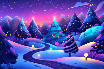 Abstract illustration of magical ethereal forest glows with fir-trees enchanting Christmas lights, casting a festive atmosphere