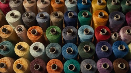 Colorful collection of sewing threads neatly arranged in a craft store during the afternoon