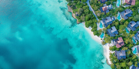 Aerial view of a coastal village with colorful rooftops by a turquoise ocean, surrounded by lush greenery. Captures the essence of a tropical paradise from above.