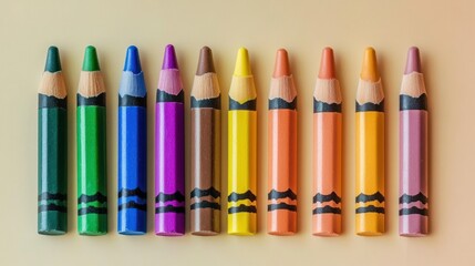 Row of Ten Sharpened Crayons in Various Colors