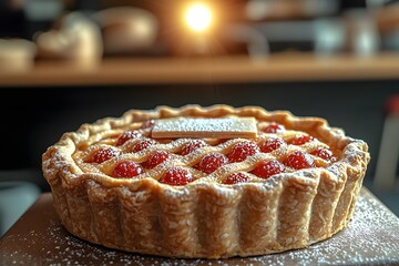 Delicious cherry tart with powdered sugar and pastry lattice in warm light