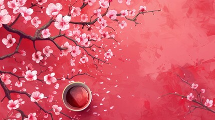 Colorful Top View of Plum Wine Inspired by Japanese Tradition Theme.