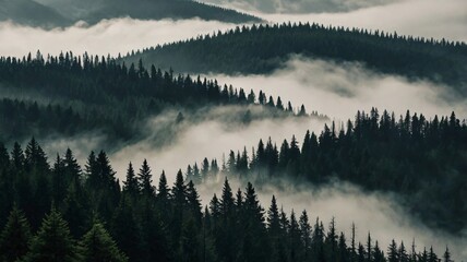 Obraz premium Misty morning in the mountains showcasing dense evergreen forests shrouded in mist near a calm valley landscape