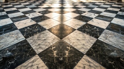 Fototapeta premium Checkered marble floor in black and white pattern under sunlight.
