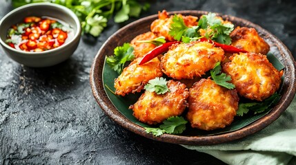 Fototapeta premium Fried Fish Cakes with Chili and Cilantro Garnish (Cambodian Cuisine)