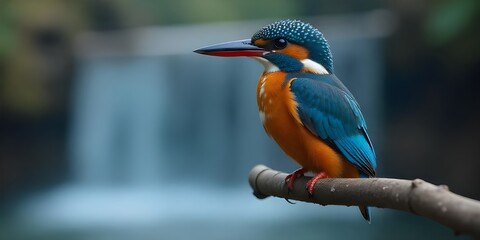 A colorful kingfisher bird perched on a branch and a waterfall