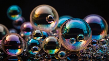 Naklejka premium Colorful soap bubbles resting on a reflective surface under soft lighting at a studio setting
