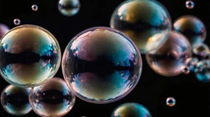 Naklejka premium Floating soap bubbles capture vibrant reflections against a dark background during a calm evening setting