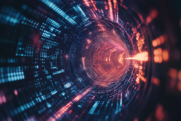Fototapeta premium Abstract view inside a futuristic digital tunnel with glowing light trails, symbolizing data flow, technology, and high-speed connectivity.