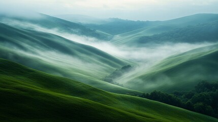 Rolling Green Hills Bathed in Mist