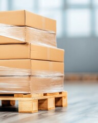 Neatly stacked cardboard boxes on a pallet in a well-lit logistics warehouse on a concrete floor