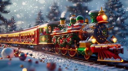 A festive red and green train decorated with wreaths and lights, pulling into a snowy forest scene.