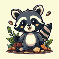 Obraz premium Adorable Cartoon Raccoon in Forest Setting with Autumn Leaves, Acorns, and Mushrooms Vector Illustration