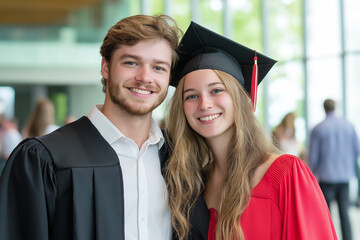 Fototapeta premium Happy young couple in graduation gowns posing with smiles in a bright indoor setting. A proud moment symbolizing achievement, academic success, and new beginnings.