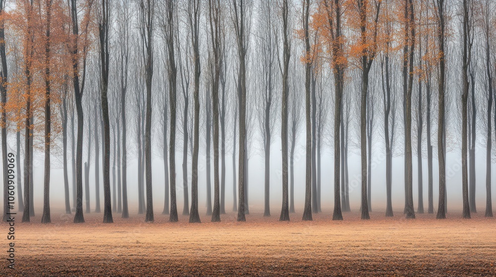 Aufkleber a foggy forest with tall trees and a field in the foreground. the trees are bare except for some lea
