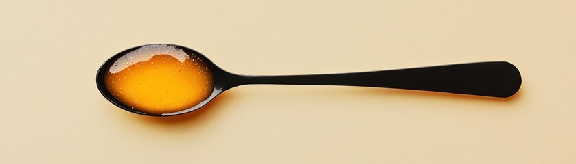 Black Spoon Filled with Golden Honey on Beige Surface