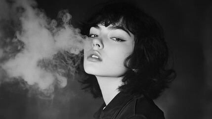 Fototapeta premium A young woman with short black hair exhales a plume of smoke, her face obscured by the wisps of vapor.