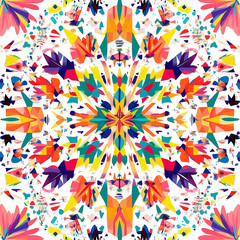 Colorful kaleidoscope design featuring symmetrical floral and geometric patterns with vibrant colors. The abstract image highlights creativity and visual art in a lively manner.