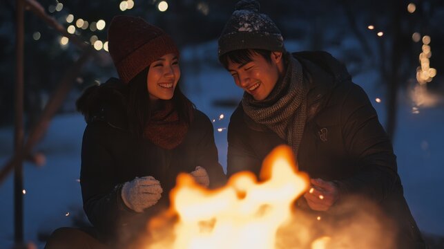 Couple warming hands by a fire.