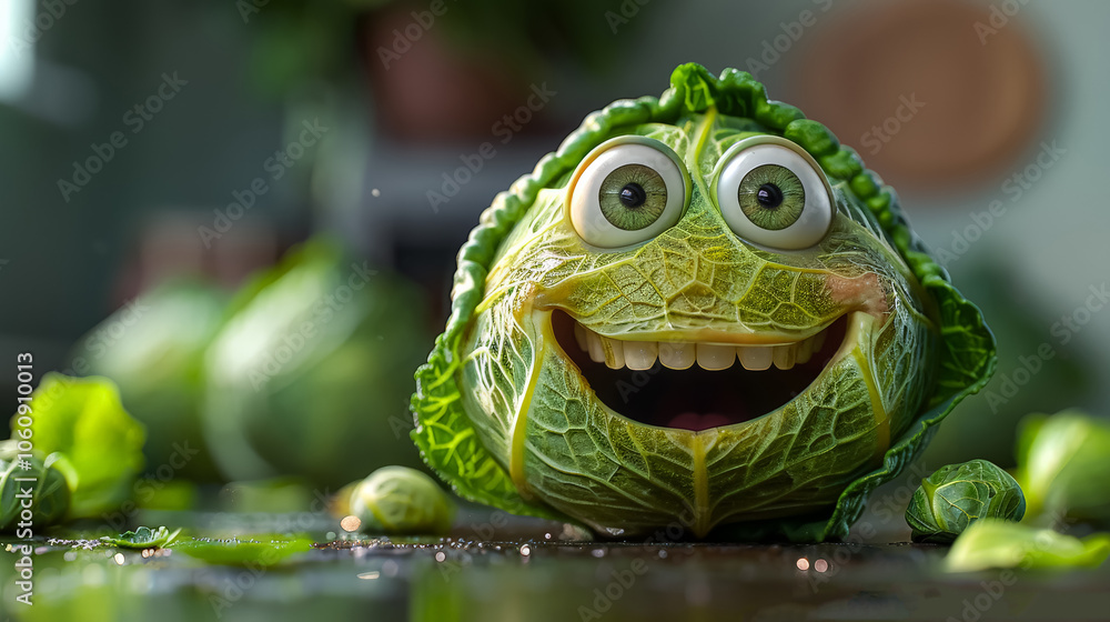 Aufkleber green cabbage with a smile on its face. the cabbage is smiling and has its mouth open