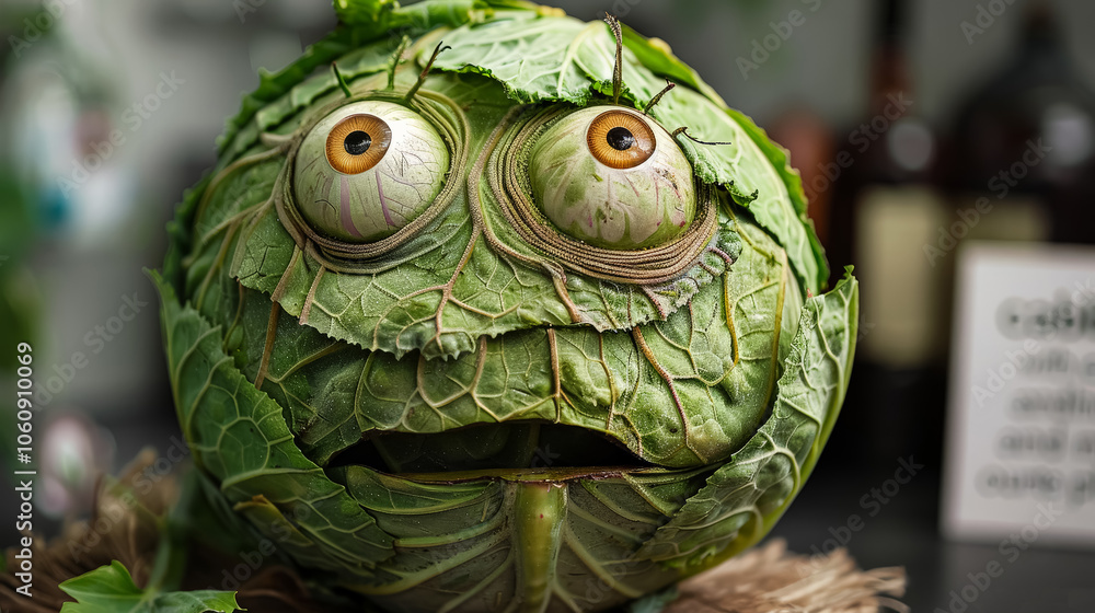 Poster green cabbage with a smile on its face. the cabbage is smiling and has its mouth open