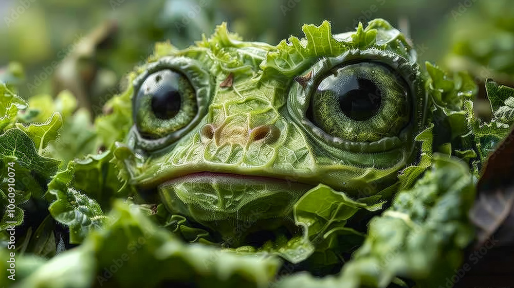Poster green cabbage with a smile on its face. the cabbage is smiling and has its mouth open
