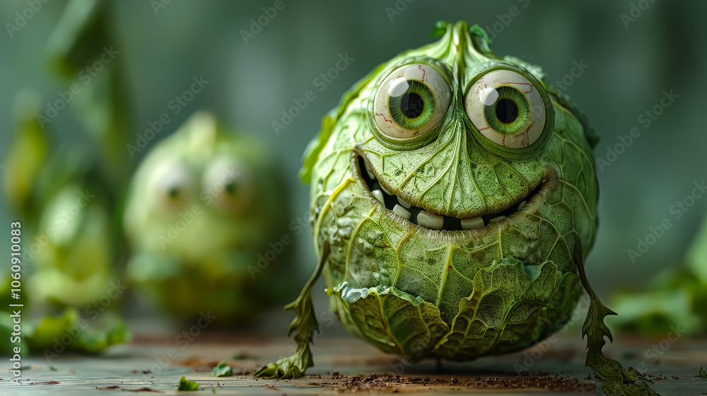 Poster green cabbage with a smile on its face. the cabbage is smiling and has its mouth open