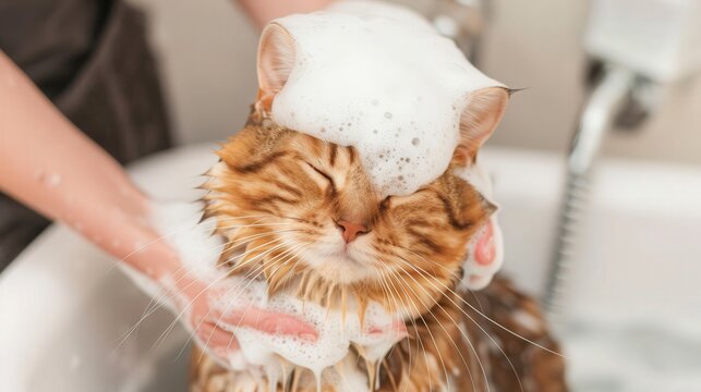 Gentle Cat Bathing Experience in Pet Shop, Soft Foam and Water, Tranquil Atmosphere, Caring Staff, Feline Relaxation, Pet Care Environment