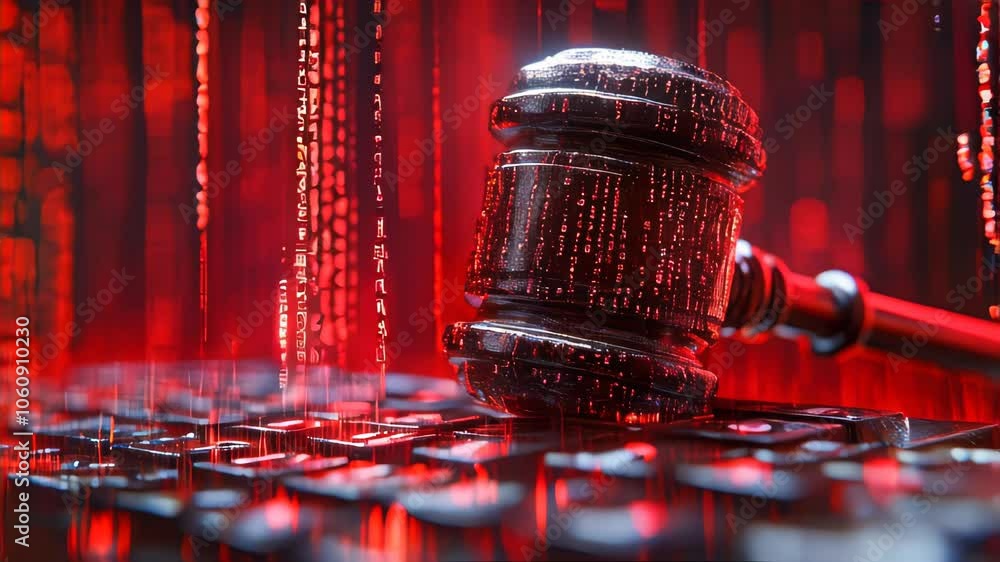 Poster wooden gavel with binary code on a glowing keyboard, symbolizing digital law enforcement