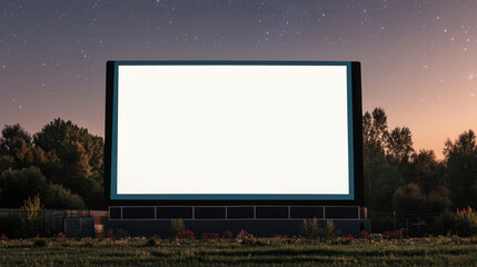 Nostalgic Drive-In Cinema Experience, a blank screen awaits under a starry sky, inviting memories of outdoor movie nights and the charm of classic film gatherings