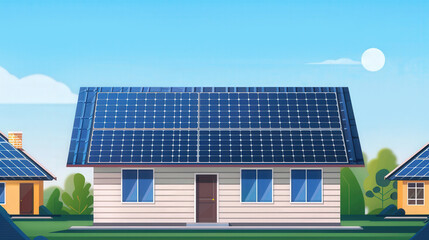 Naklejka premium Sustainable Energy Revolution, vibrant rooftop solar panels showcasing eco-friendly technology on a flat design, promoting renewable energy and environmental awareness.